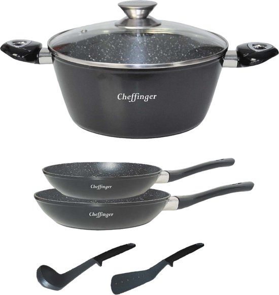 550x583 Cheffinger Pannenset - 6-delig - Koekenpan - Braadpan - Kookgerei - Zwart - Afbeelding 1