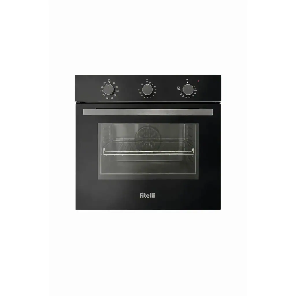 32e70d49-d4c0-4610-a2c9-52aa2b3da439-1024x1024 Fitelli IO56RVS1 Inbouwoven 60cm hoog – 10 Ovenfuncties – Hetelucht – Zwart Glas - Afbeelding 1