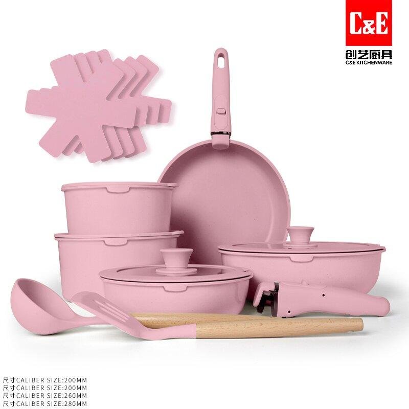 WhatsApp Image 2026-08-22 at 13.30.42 (1) C&E Complete Pannenset met Afneembare Handgrepen, Deksels en Keukengerei Roze - Afbeelding 1